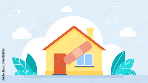 Save real estate. To put a plaster on the house. Family preservation concept. Family Repairing Home, Apartment Renovation. Repair of private houses. Exterior building renovation. Vector illustration