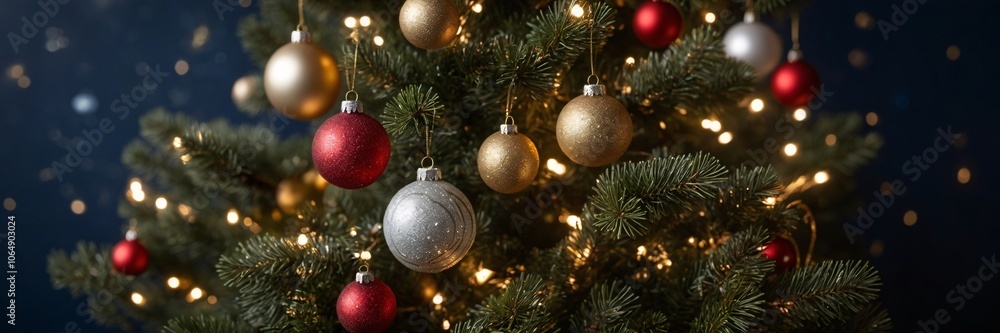 Fototapeta premium Christmas tree decorations, Christmas Tree With Baubles And Blurred Shiny Lights