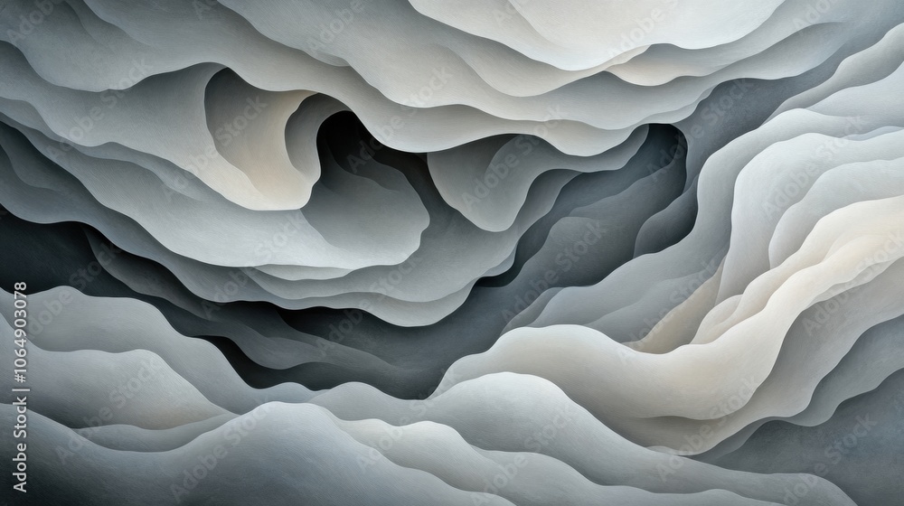 Abstract layers of gray and white create a mesmerizing wave-like pattern, AI
