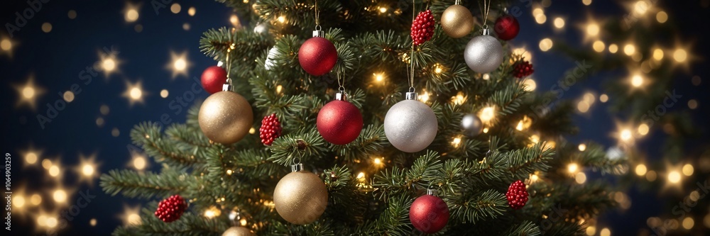 Fototapeta premium Christmas tree decorations, Christmas Tree With Baubles And Blurred Shiny Lights