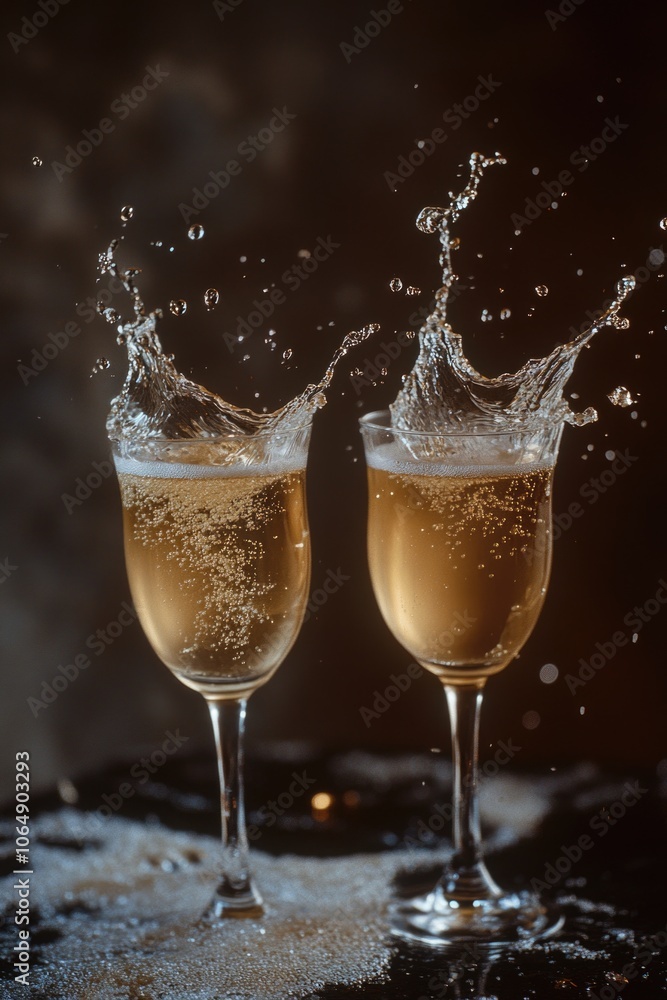 Two glasses of champagne getting wet and sparkling Two glasses of champagne getting wet and sparkling