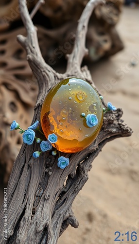 Amber hues shimmer like a tropical bird's feathers, nestled in a glass and adorned on a necklace photo