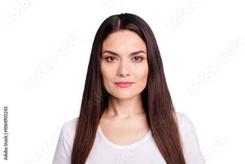 Closeup photo of charming cute mature intelligent clever woman staring at camera while isolated with blue background photo