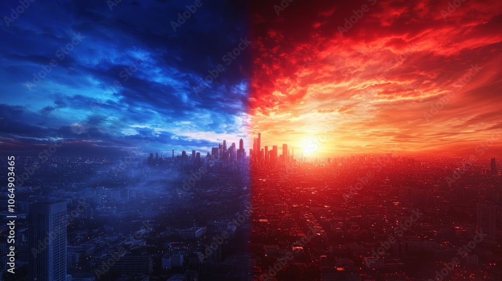 Obraz premium Cityscape Divided: Political Turmoil in a Spectacular Sunset Sky