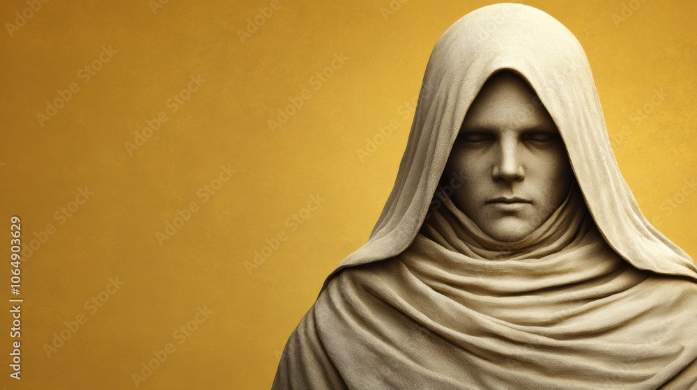 Monochrome sculpture of a hooded figure against a golden background, AI Monochrome sculpture of a hooded figure against a golden background, AI