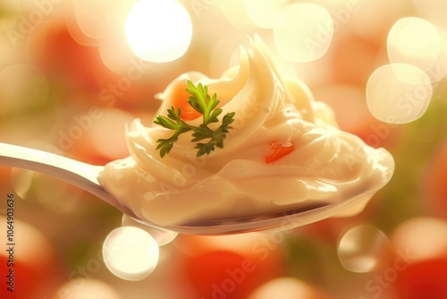 A spoonful of whipped cream topped with a sprig of fresh parsley