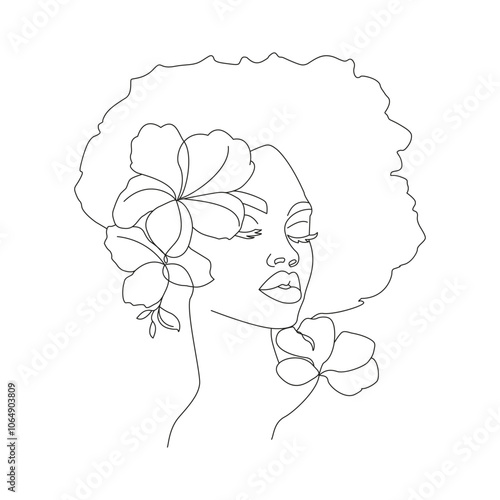 Afro American woman in line art style with flowers and leaves. Female's face continuous line art for logo, prints, posters, cosmetics, postcards. Afro woman's face with curly hair vector illustration.