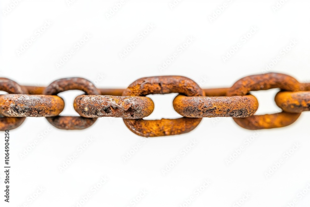 Close-up shot of a rusty chain on a white background, suitable for use in industrial or mechanical-themed designs Close-up shot of a rusty chain on a white background, suitable for use in industrial or mechanical-themed designs