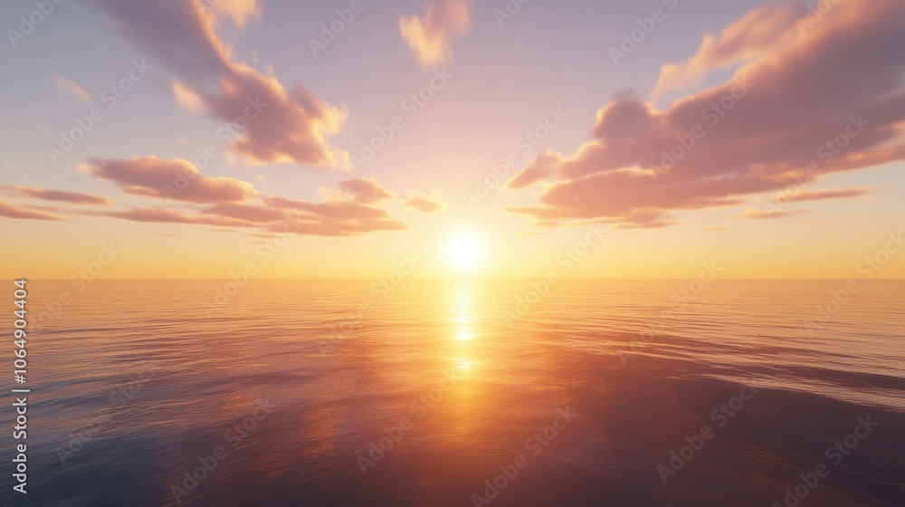 Obraz premium The sun sets over calm waters, casting a golden light across the sea and sky, creating a serene and peaceful scene with soft clouds glowing in the distance.