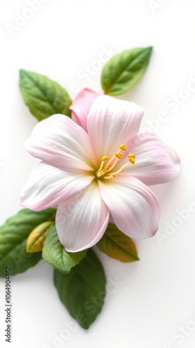 A single pink flower with yellow center blooms on a white background with green leaves