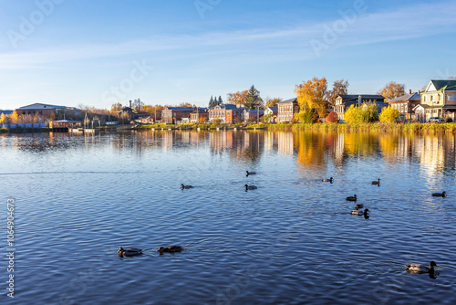 Bogorodsk, Nizhny Novgorod region, Russia, Street view of an ancient provincial Russian city on the shore of a lake on a summer evening. An ancient building of artisans, an architectural monument. photo