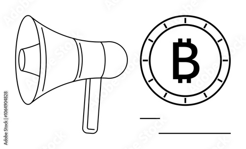 Loudspeaker alongside Bitcoin symbol representing announcement or advertisement, two bars below. Ideal for marketing, finance, cryptocurrency, promotion, digital currency, blockchain, fintech. Line