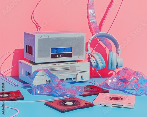 A retro cassette player and headphones on a colorful surface surrounded by audio tapes and ribbons in a bright setting photo