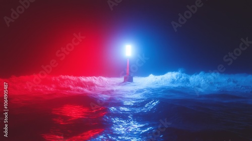 Beacon of Clarity: Lighthouse Guiding Ships in Turbulent Waters with Blue and Red Illumination