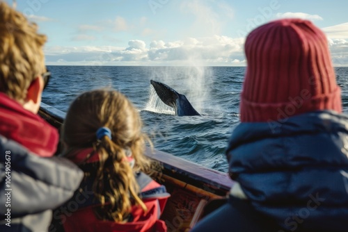 Whale watching adventure: breaching whale in ocean horizon photo