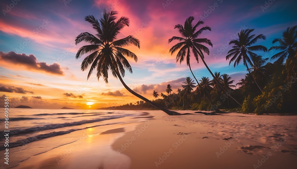 A breathtaking tropical sunset over a sandy beach, with dark palm tree silhouettes against a colorful sky, capturing the ideal summer vacation vibe.
A breathtaking tropical sunset over a sandy beach, with dark palm tree silhouettes against a colorful sky, capturing the ideal summer vacation vibe.