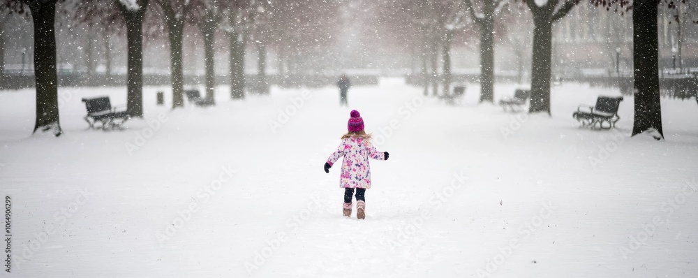 Cheerful Child in Warm Winter Clothing Running Through Snowy Park Cheerful Child in Warm Winter Clothing Running Through Snowy Park