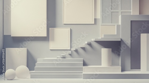 A minimalist composition featuring geometric shapes and stairs in soft tones.