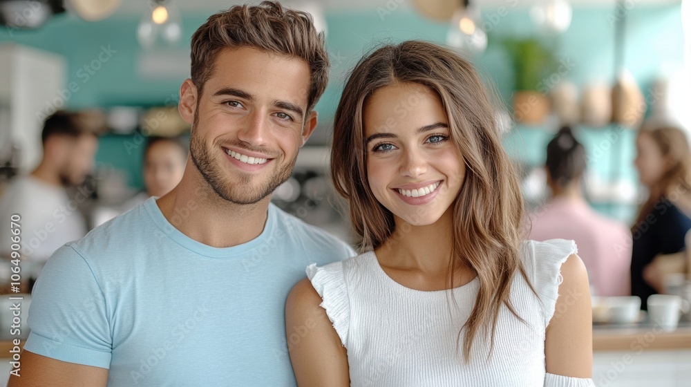 Smiling couple enjoying a day at a cozy café with a modern interior, AI Smiling couple enjoying a day at a cozy café with a modern interior, AI