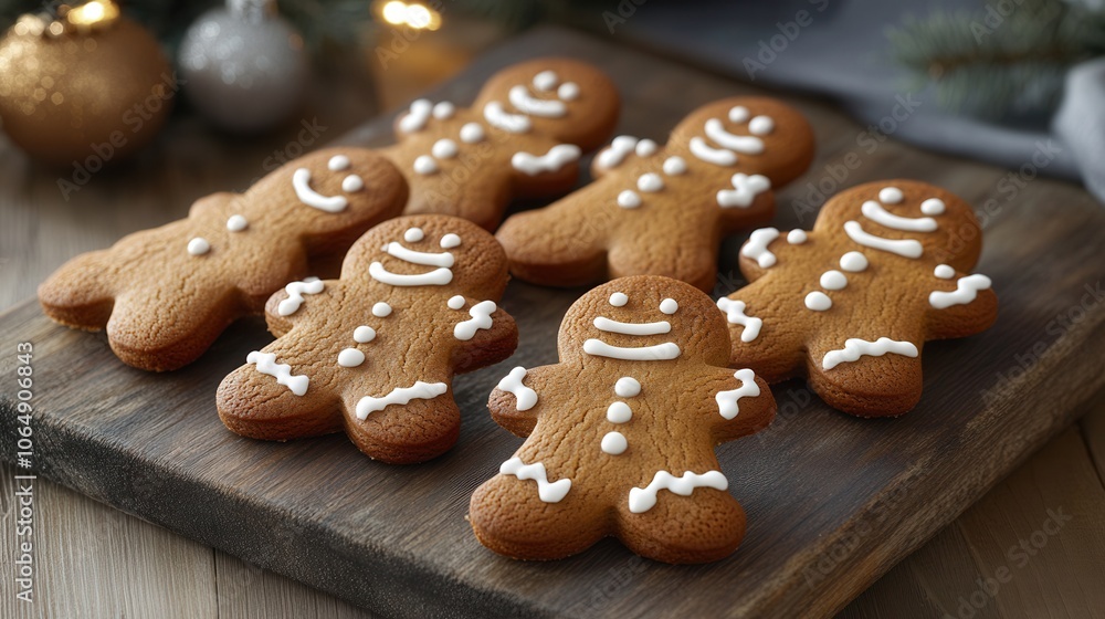 Delicious gingerbread cookies decorated with white icing on a rustic wooden board for Christmas Delicious gingerbread cookies decorated with white icing on a rustic wooden board for Christmas