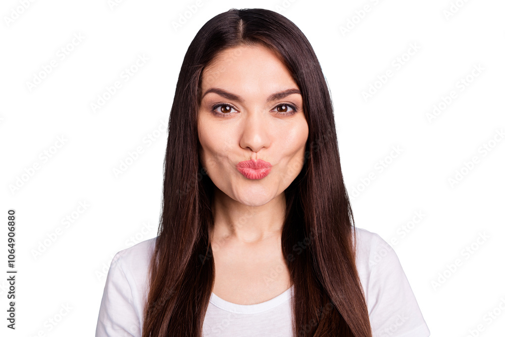 Closeup photo of romantic charming girlfriend with her lips pouted to plump you via camera isolated with blue background Closeup photo of romantic charming girlfriend with her lips pouted to plump you via camera isolated with blue background