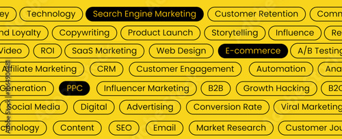Digital marketing banner collage covering search engine strategies, customer retention, and brand loyalty. Key focus on storytelling, ROI, SaaS, web design, and growth hacking.