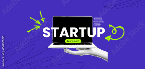 Modern startup concept collage with laptop and halftone elements. Vector illustration combines abstract graphics with business and technology themes, representing ideas, strategy.