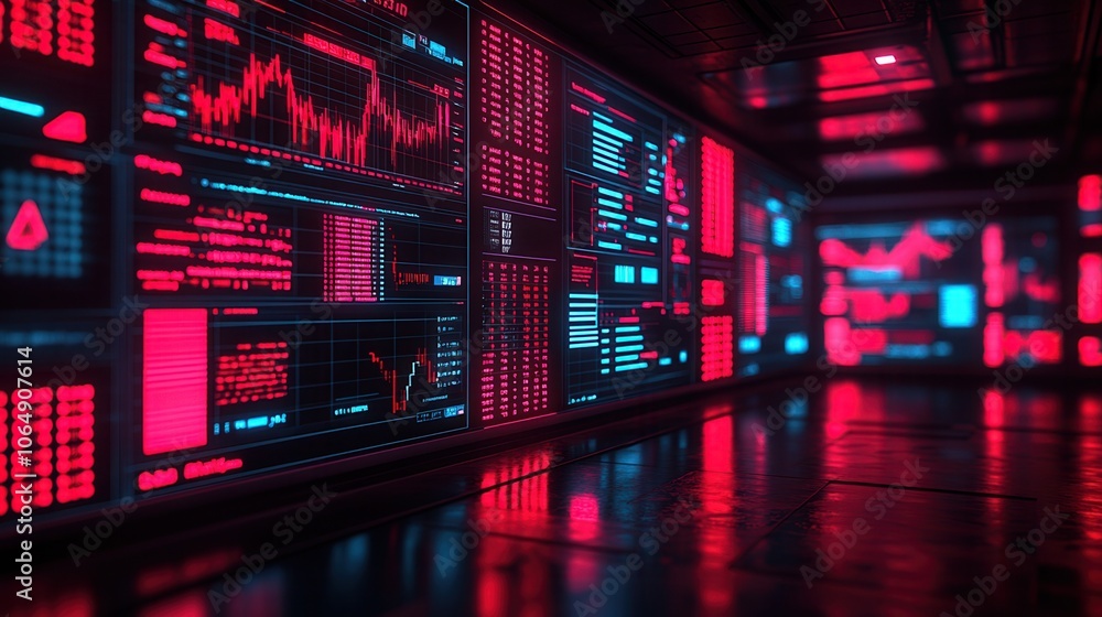 Fototapeta premium Futuristic data dashboard with glowing charts and vibrant colors, ideal for technology and finance themes in digital environments.