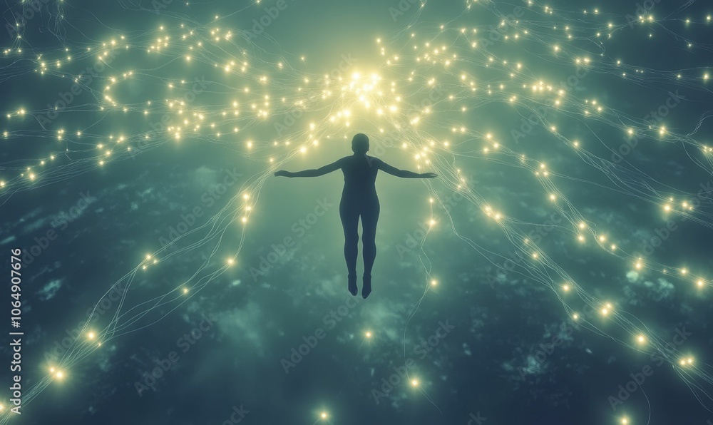 Silhouette of a person surrounded by glowing strands. Silhouette of a person surrounded by glowing strands.
