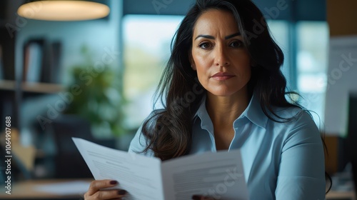 Professional Portrait of a Latina HR Specialist: Serious Expression, Business Documents in Contemporary Office, Photorealistic 8K Quality, Flattering Lighting. photo