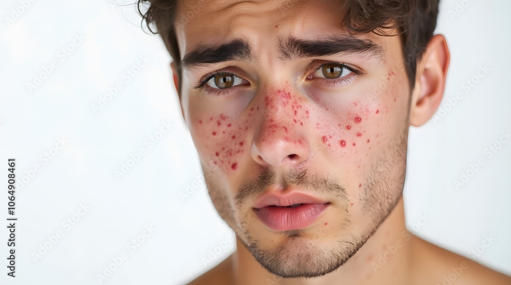 Obraz premium Young Man with Acne on Face Isolated on White Background
