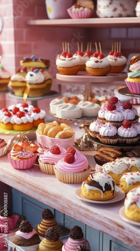 A pastry display case filled with various desserts, including cupcakes, cookies, and pastries