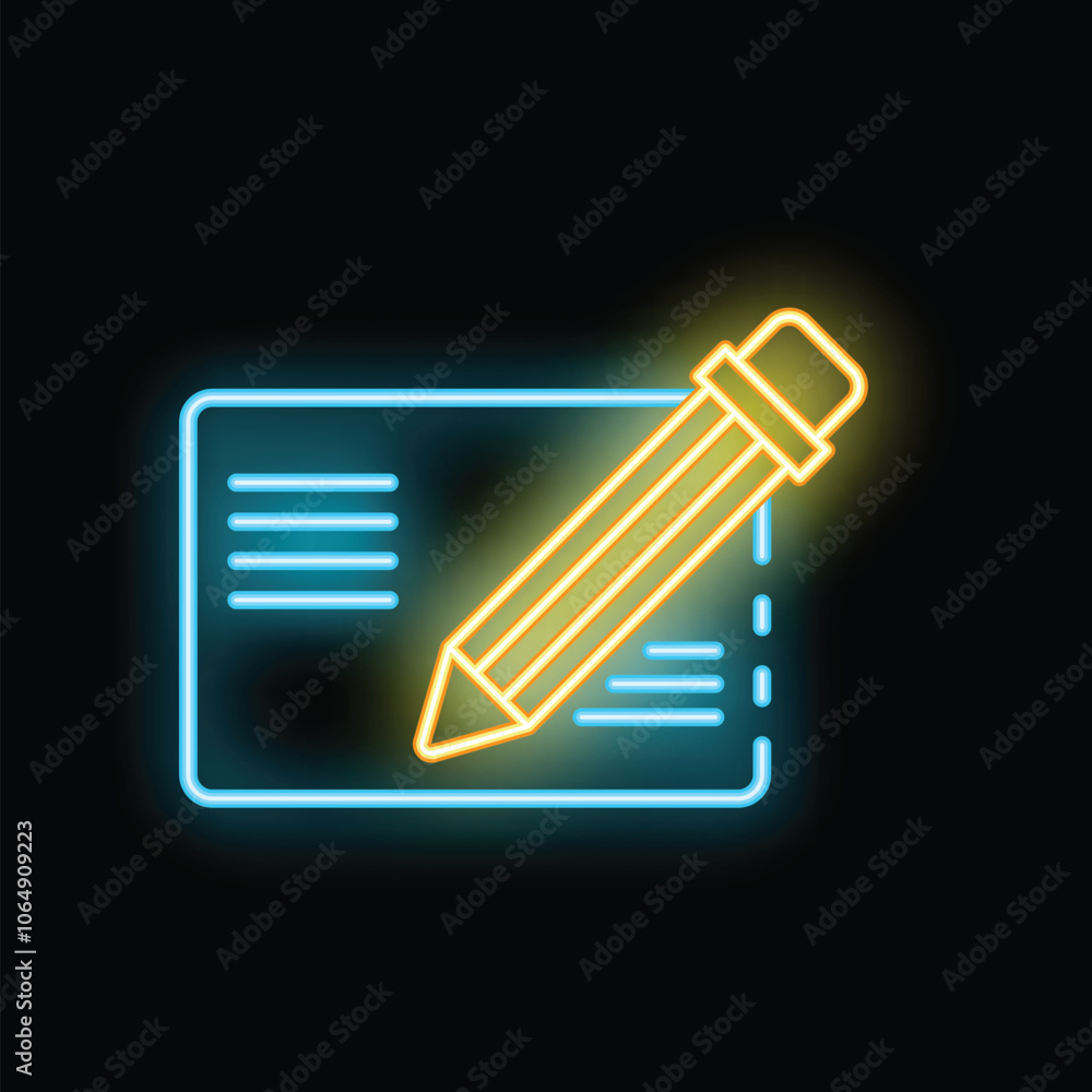 Neon icon of a yellow pencil writing on a blue lined piece of paper Neon icon of a yellow pencil writing on a blue lined piece of paper