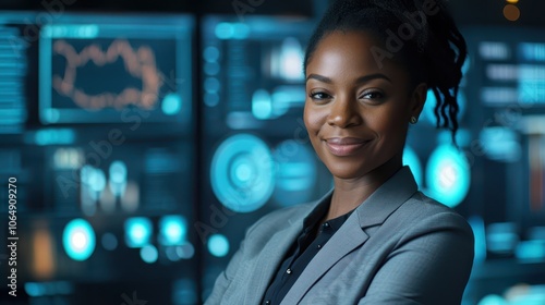 Smiling Female African-American Data Analyst in Professional Blazer: Upper Body Portrait in Data Visualization Workspace with Soft Rim Lighting, 8K Photorealistic Quality.