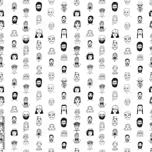 People decorative black white seamless pattern. Vector trendy endless illustration of faces or portraits drawing on white background that can be used as a textile fabric, wallpaper, poster