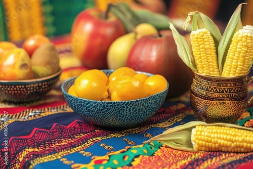 Kwanzaa Table Spread: A close-up of a beautifully arranged Kwanzaa table, featuring a kinara, bowls of fresh fruits, a unity cup, and vibrant fabric patterns. The tablecloth is adorned with African pr photo