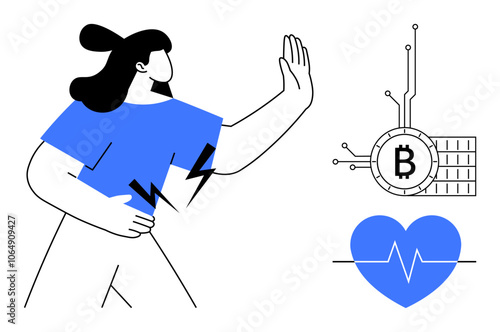 Individual with hand raised in defense. Blue heart with heartbeat symbol and Bitcoin circuit. Ideal for technology wellness finance digital stress cryptocurrency impact health. Line art style