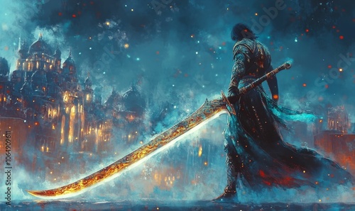 A warrior with a large sword stands before a city.