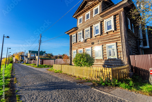 Bogorodsk, Nizhny Novgorod region, Russia, Street view of an ancient provincial Russian city on the shore of a lake on a summer evening. An ancient building of artisans, an architectural monument. photo