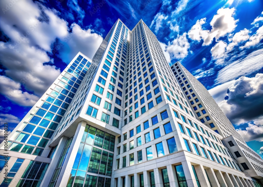 Modern White Skyscraper Embracing Blue Skies: A Surreal Architectural Marvel with Expansive Windows and Contemporary Design Modern White Skyscraper Embracing Blue Skies: A Surreal Architectural Marvel with Expansive Windows and Contemporary Design