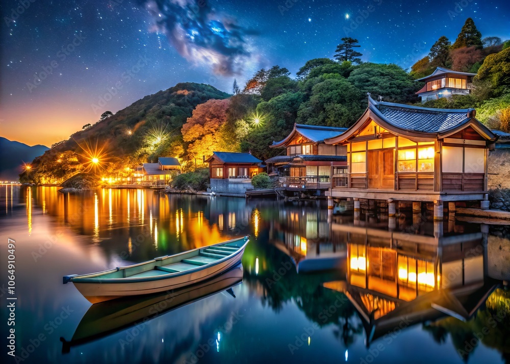 Obraz premium Night Photography of a Japanese Small Shrine on a Hill Overlooking Ine Fishing Village, Showcasing Unique Funaya Boat Houses in Kyoto, Japan on October 20, 2024