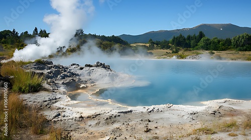 A steaming hot spring in a beautiful landscape.