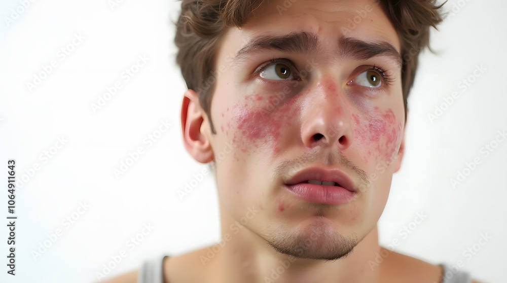 Obraz premium Young Man with Acne on Face Isolated on White Background