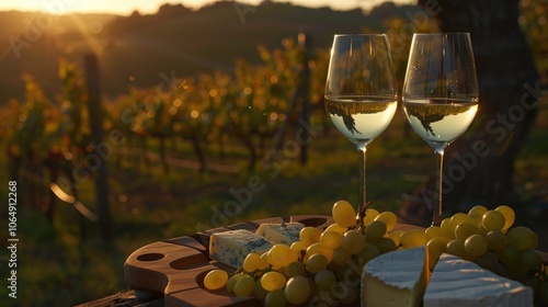 Two glasses of wine accompanied by a bowl of grapes on a table photo