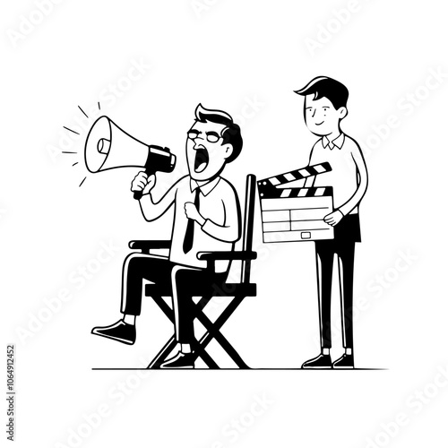 The film's director sits in a chair and shouts into a horn, with an assistant standing nearby with a clapper in hand. Comical cartoon vector sketch in doodle line art style