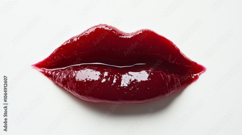 Close-up image of red jam or sauce-shaped lips isolated on white, taken from a flat lay perspective. Close-up image of red jam or sauce-shaped lips isolated on white, taken from a flat lay perspective.