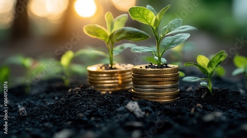 Sprouting plants emerge from piles of coins, symbolizing growth, investment, and the relationship between nature and finance. photo