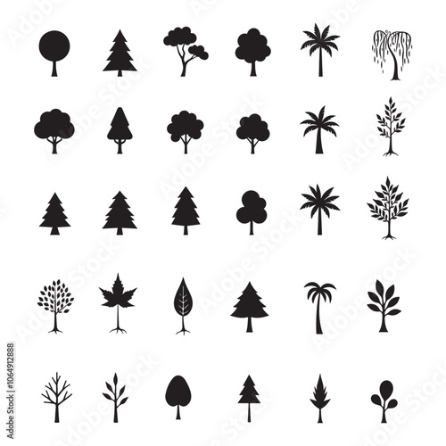 Urban Park Tree Icon Set - Modern Flat Vector Silhouettes of Willow, Maple, and Sapling Trees with Line Detail