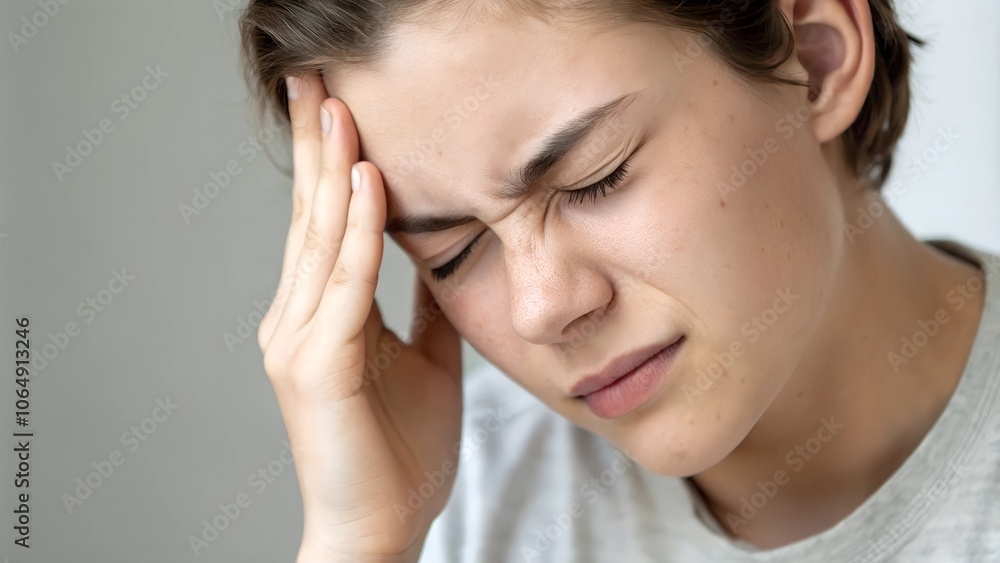 Woman with sinus headache touching forehead Woman with sinus headache touching forehead