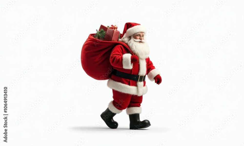 Santa Claus is running with a large bag of presents. The scene is festive and joyful, with the character spreading holiday cheer Santa Claus is running with a large bag of presents. The scene is festive and joyful, with the character spreading holiday cheer